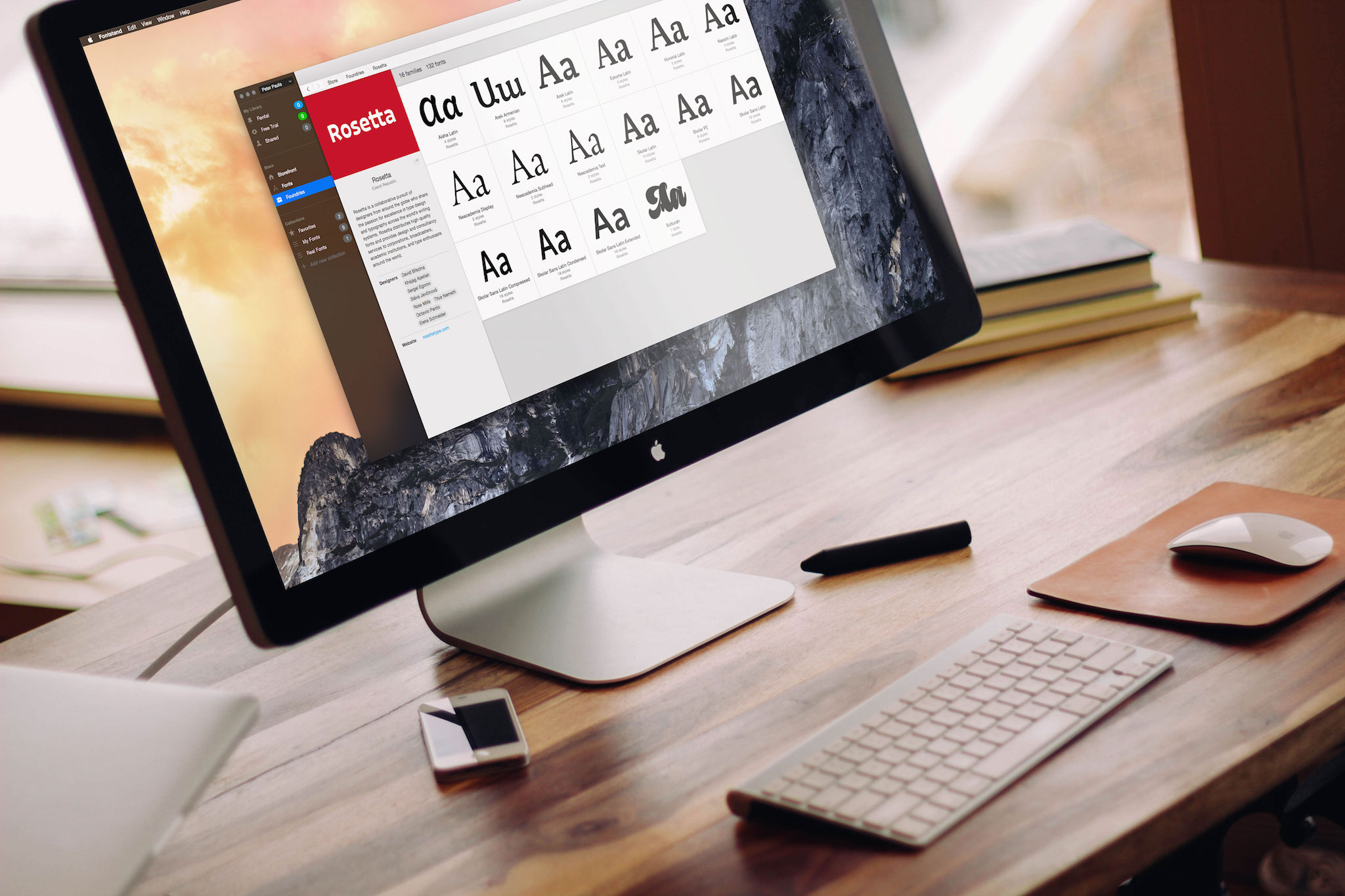 Fontstand desktop application showing font families on a Mac